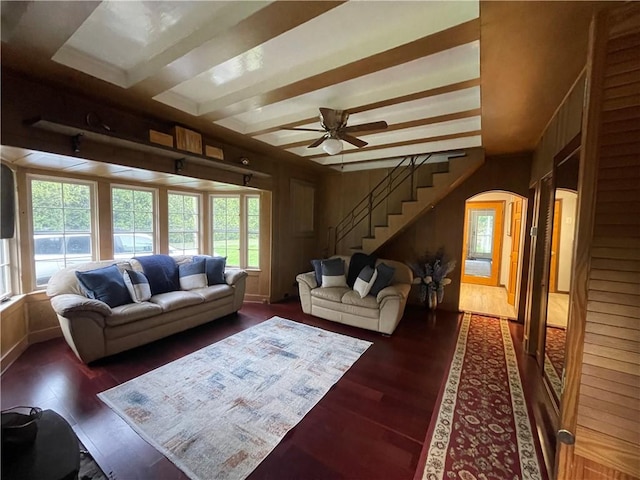 171 Mohawk Trl, Slippery Rock Twp But, PA 16057 - living room with wooden walls, ceiling fan, arched walkways, wood finished floors, and stairway