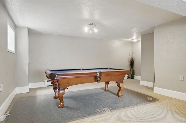 recreation room featuring baseboards, a baseboard heating unit, billiards, and carpet