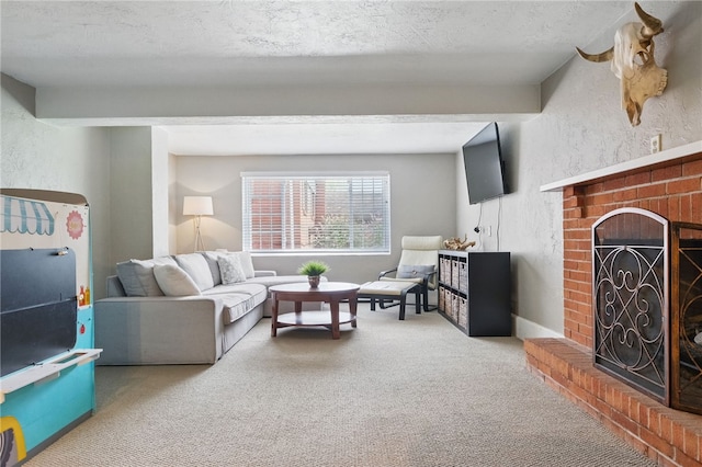 carpeted living room featuring a brick fireplace