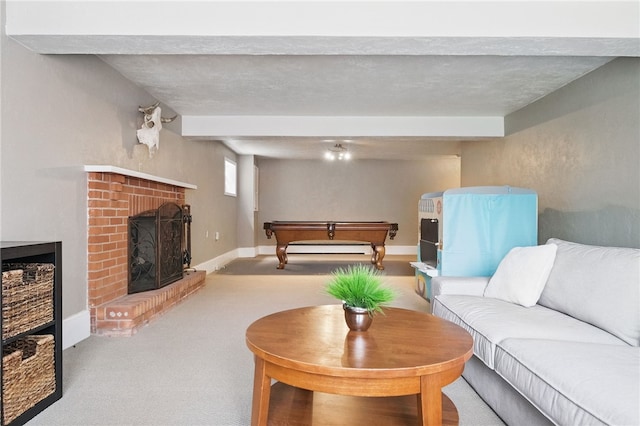 living room with baseboards, a fireplace, carpet flooring, and billiards