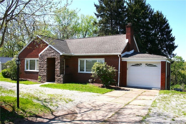view of front of home featuring a shingled roof, brick siding, a garage, a chimney, and concrete driveway