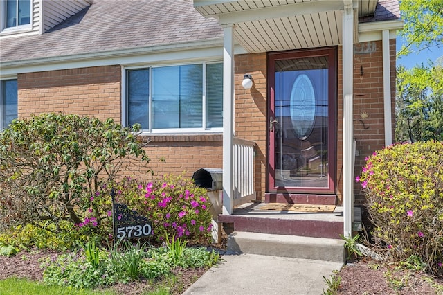 view of exterior entry featuring a shingled roof and brick siding