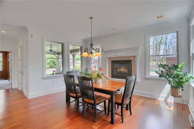 dining room featuring baseboards, ornamental molding, light wood finished floors, and a wealth of natural light