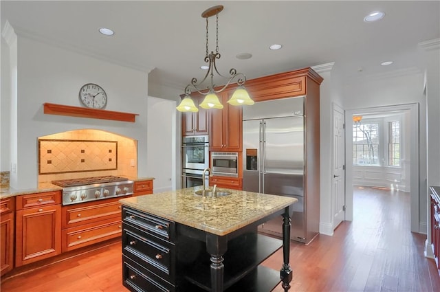 kitchen with decorative backsplash, built in appliances, light stone countertops, light wood-type flooring, and a sink