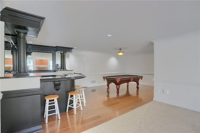 recreation room with visible vents, pool table, wood finished floors, ornamental molding, and ornate columns