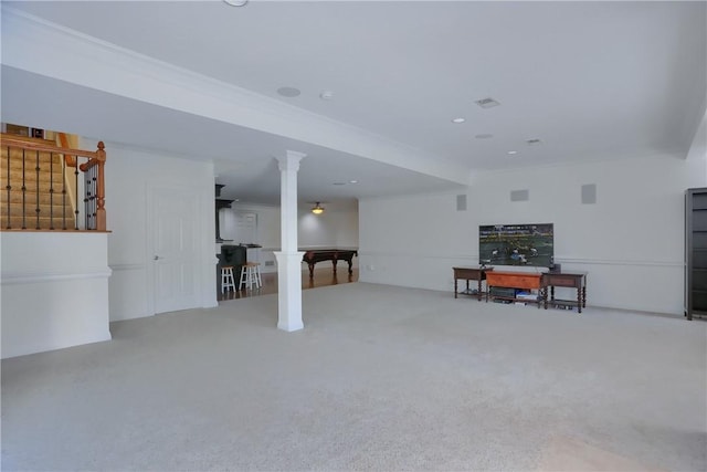 basement featuring crown molding, carpet floors, and recessed lighting
