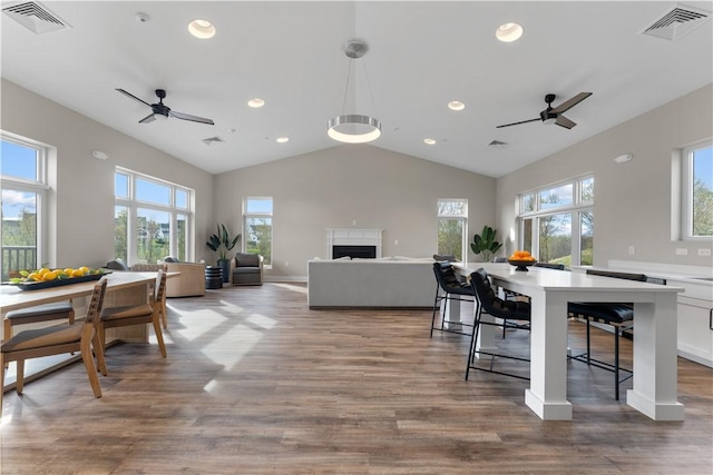 dining room with visible vents, a ceiling fan, and a wealth of natural light