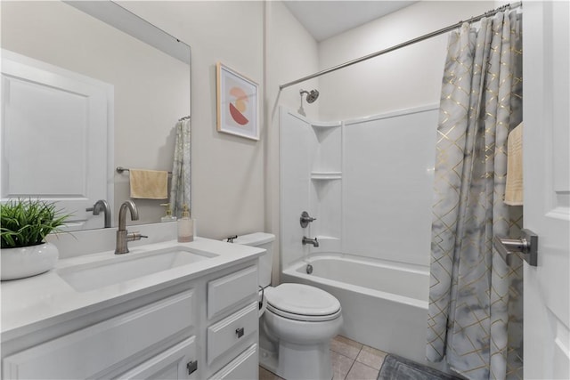 bathroom featuring tile patterned flooring, toilet, shower / tub combo, and vanity