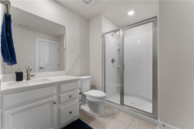 full bath with visible vents, tile patterned flooring, toilet, and a shower stall