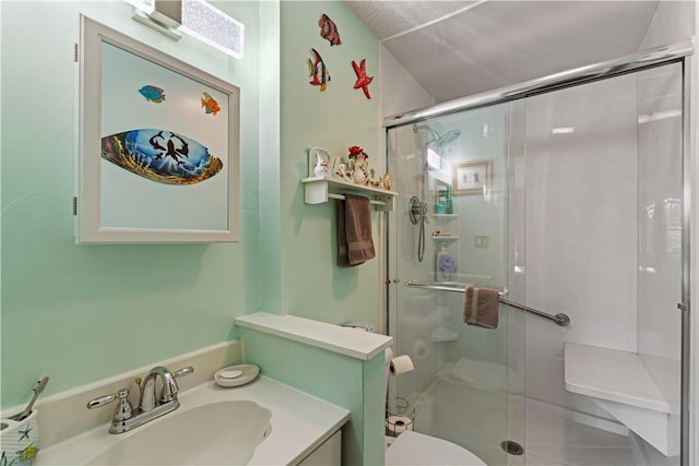bathroom featuring vanity, a stall shower, and toilet