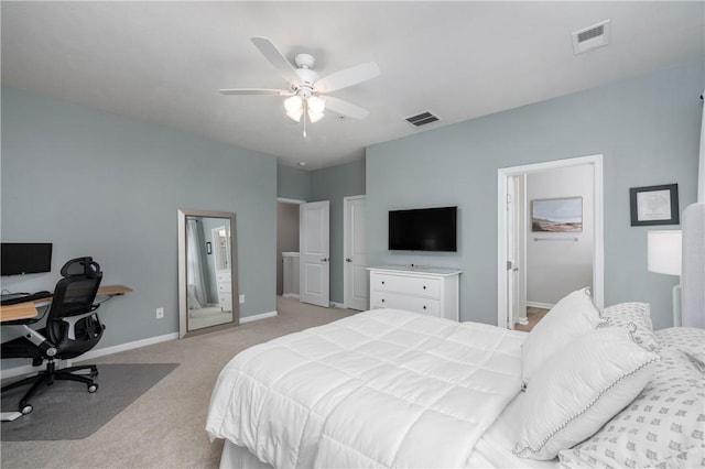 bedroom featuring visible vents, a ceiling fan, baseboards, and light colored carpet