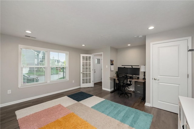 office area featuring baseboards, recessed lighting, dark wood-style flooring, and visible vents