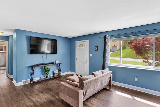 living room with baseboards and wood finished floors