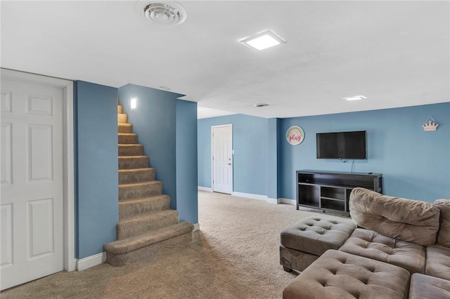 living room with stairs, baseboards, visible vents, and carpet