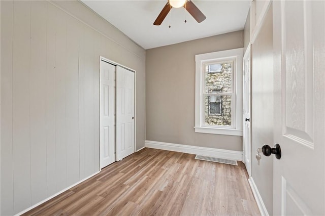 410 Butz St, New Castle/3Rd, PA 16101 - unfurnished bedroom featuring a ceiling fan, visible vents, light wood-type flooring, baseboards, and a closet