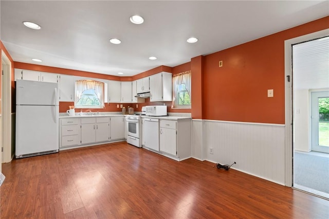 kitchen featuring wainscoting, a sink, light countertops, under cabinet range hood, and white appliances