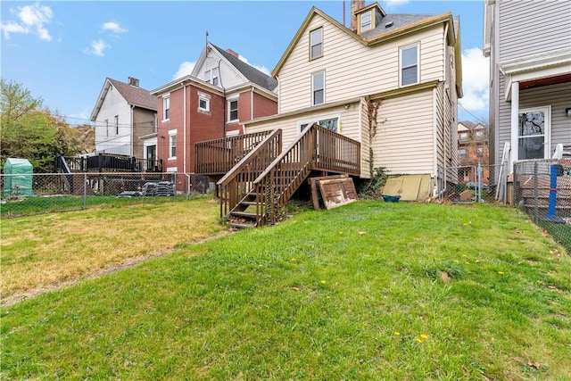 503 Beechwood Ave, Carnegie, PA 15106 - rear view of property featuring stairs, a fenced backyard, a wooden deck, and a yard