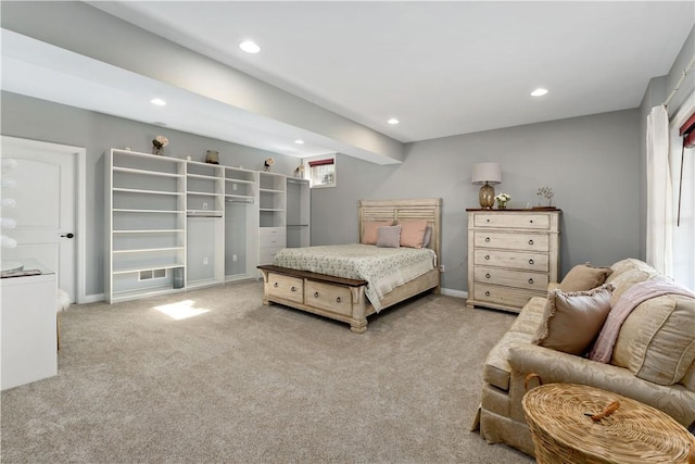 bedroom with baseboards, carpet flooring, and recessed lighting