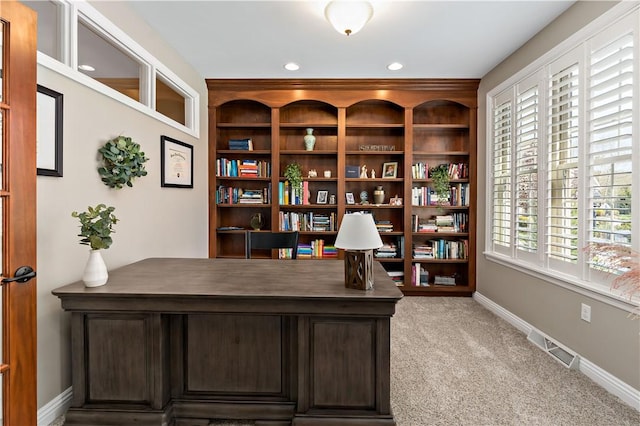 home office featuring baseboards, light colored carpet, recessed lighting, and visible vents