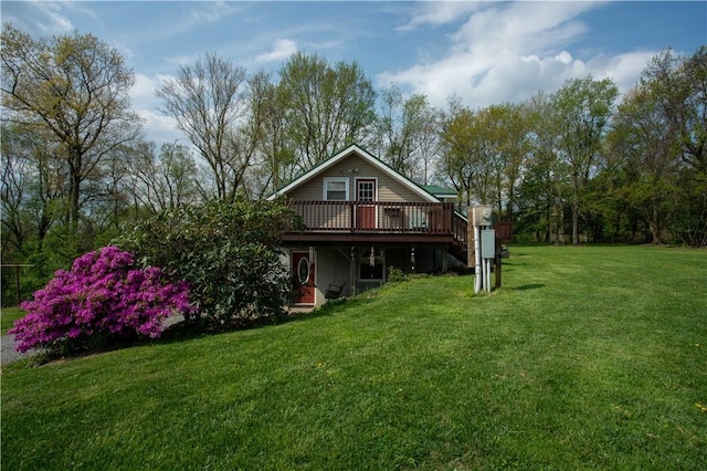 357 Pohls Rd, Raccoon Twp, PA 15001 - rear view of property with a lawn, stairway, and a deck