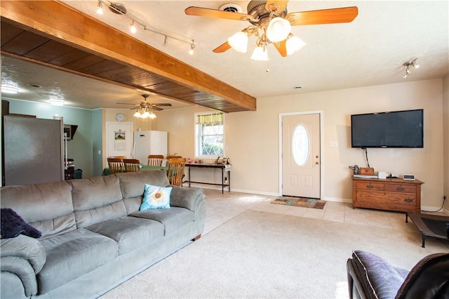 357 Pohls Rd, Raccoon Twp, PA 15001 - living area with a ceiling fan, track lighting, baseboards, light carpet, and light tile patterned flooring