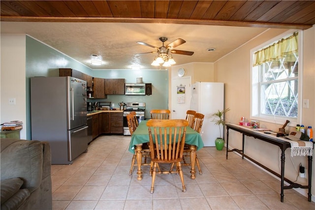 357 Pohls Rd, Raccoon Twp, PA 15001 - kitchen featuring a ceiling fan, appliances with stainless steel finishes, light tile patterned floors, wooden ceiling, and light countertops