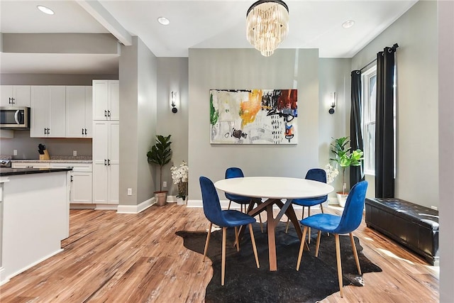 308 Jacksonia St, Central North Side, PA 15212 - dining space featuring baseboards, recessed lighting, light wood-style flooring, and an inviting chandelier