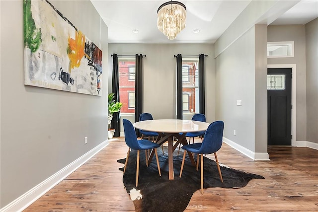 308 Jacksonia St, Central North Side, PA 15212 - dining space with an inviting chandelier, baseboards, recessed lighting, and wood finished floors