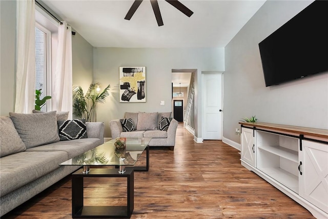 308 Jacksonia St, Central North Side, PA 15212 - living room with baseboards, ceiling fan, and wood finished floors