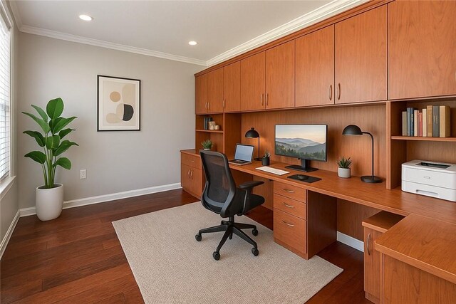 4929 Apple Ridge Dr, Hampton, PA 15101 - home office featuring ornamental molding, dark wood finished floors, baseboards, built in study area, and recessed lighting