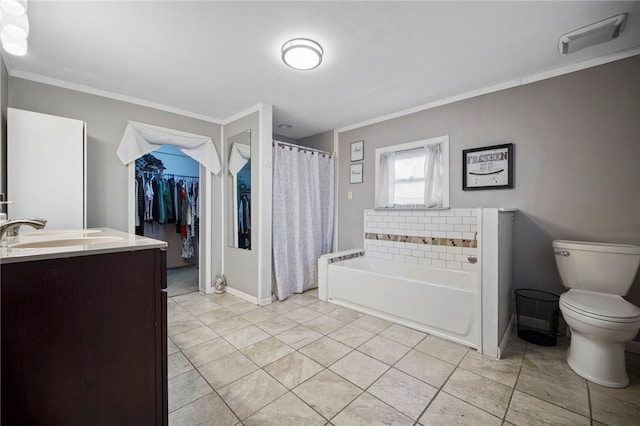 206 7th St, Oakmont, PA 15139 - bathroom featuring a garden tub, vanity, toilet, ornamental molding, and a shower with shower curtain