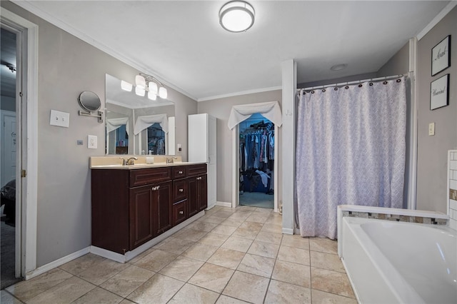 206 7th St, Oakmont, PA 15139 - bathroom with vanity, a bath, ornamental molding, baseboards, and a shower with curtain