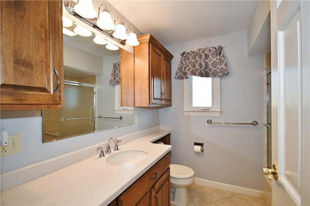full bath featuring an enclosed shower, tile patterned flooring, vanity, baseboards, and toilet