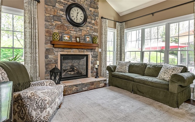 124 Field Brook Ln, Richland, PA 15044 - living area with a stone fireplace and lofted ceiling