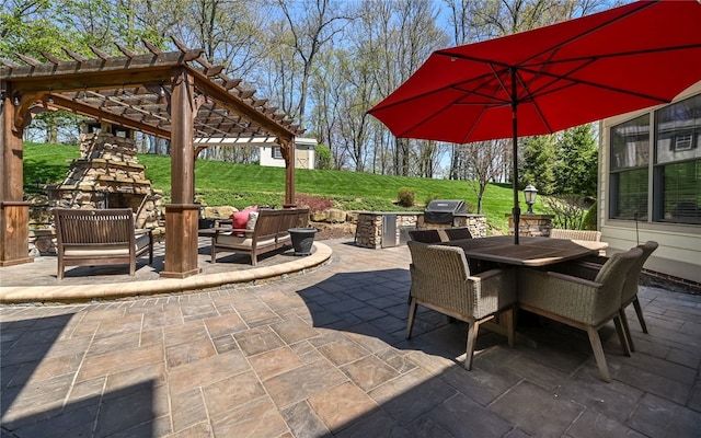 124 Field Brook Ln, Richland, PA 15044 - view of patio with an outdoor living space with a fireplace, a pergola, and outdoor dining space
