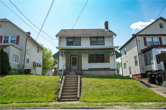 1315 Main St, Aliquippa, PA 15001 - view of front of home with covered porch, a chimney, a front lawn, and stairway