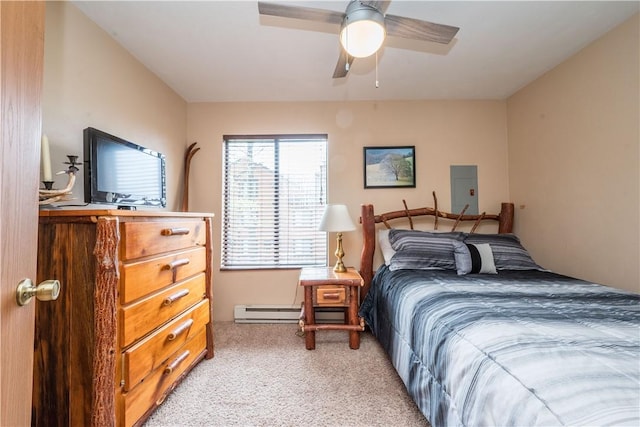 2805 Swiss Mountain Dr, Seven Springs Resort, PA 15622 - bedroom featuring a ceiling fan, a baseboard heating unit, and light colored carpet