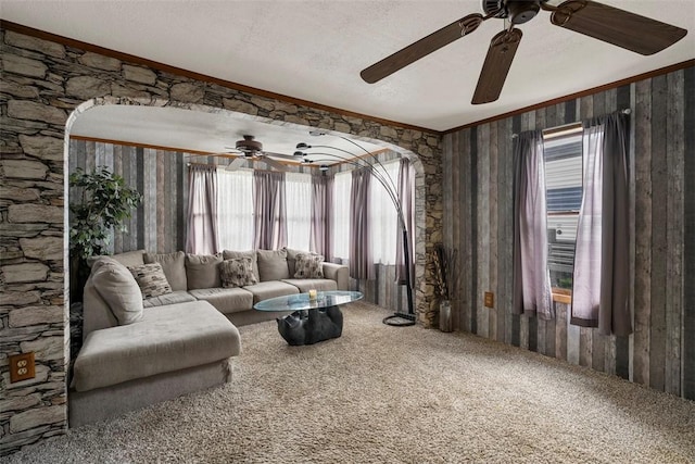 114 Angel Ave, Fairview Twp But, PA 16050 - living area with crown molding, ceiling fan, carpet flooring, wood walls, and a textured ceiling