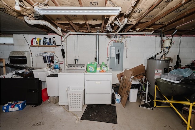 unfinished basement with independent washer and dryer, electric panel, concrete block wall, and electric water heater