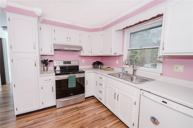 kitchen featuring a sink, dishwasher, white cabinetry, under cabinet range hood, and stainless steel electric stove