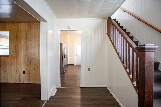 1211 Main St, Aliquippa, PA 15001 - staircase with baseboards, wood walls, and wood finished floors