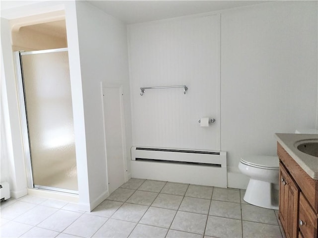 525 E Old Lincoln Hwy, Ligonier Twp, PA 15658 - full bath featuring baseboard heating, tile patterned flooring, vanity, toilet, and a shower stall