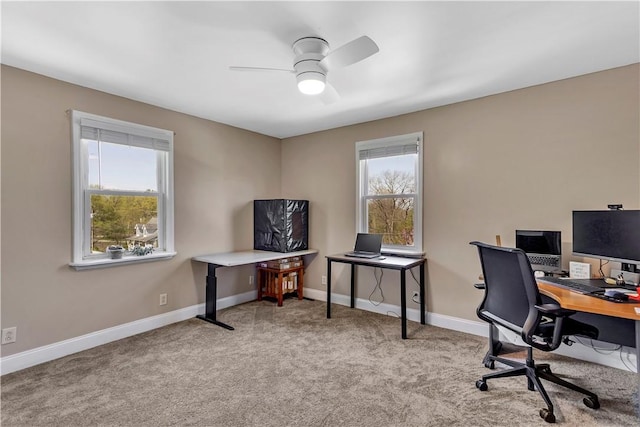 office featuring carpet floors, a ceiling fan, and baseboards