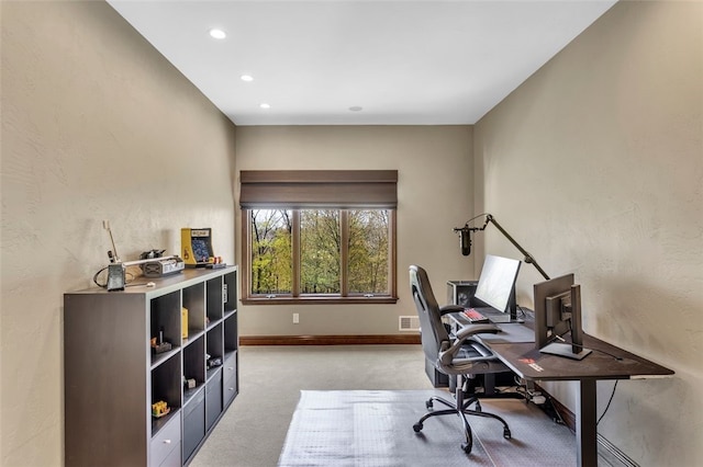 118 Lakeland Dr, Adams Twp, PA 16046 - office area featuring baseboards, light carpet, recessed lighting, and visible vents