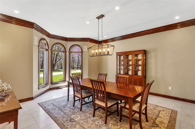 118 Lakeland Dr, Adams Twp, PA 16046 - dining area featuring baseboards, ornamental molding, a notable chandelier, and recessed lighting