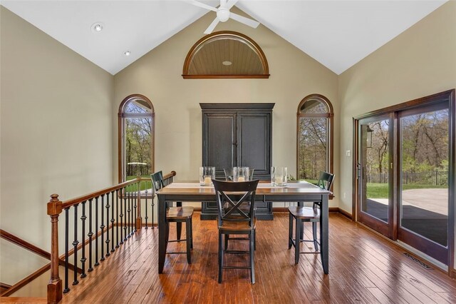 118 Lakeland Dr, Adams Twp, PA 16046 - dining space with high vaulted ceiling, ceiling fan, wood-type flooring, and visible vents