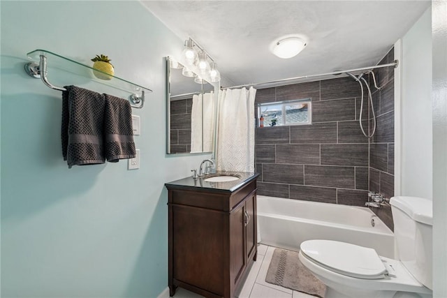 bathroom with toilet, tile patterned flooring, shower / tub combo, and vanity