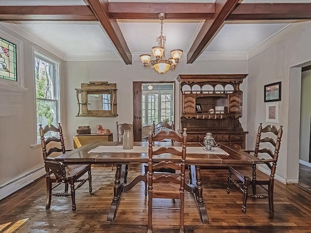dining area featuring plenty of natural light, coffered ceiling, a notable chandelier, and dark wood-style floors