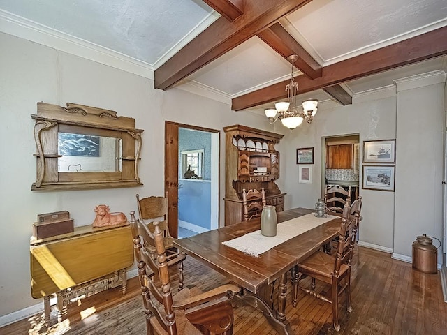 dining space featuring baseboards, beam ceiling, a chandelier, and hardwood / wood-style flooring
