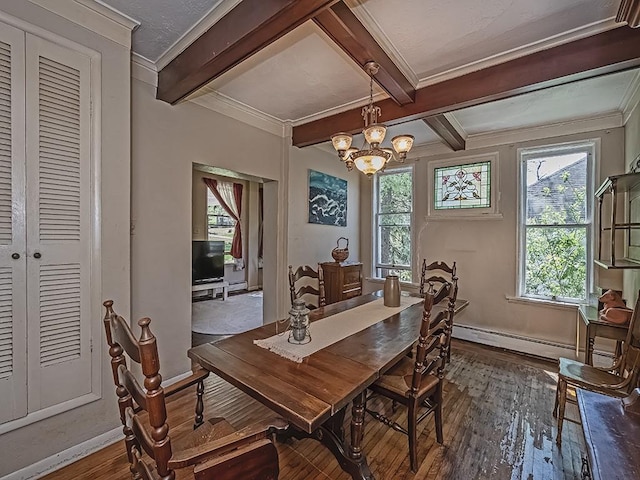 dining space with dark wood-style flooring, beam ceiling, baseboards, a chandelier, and a baseboard radiator
